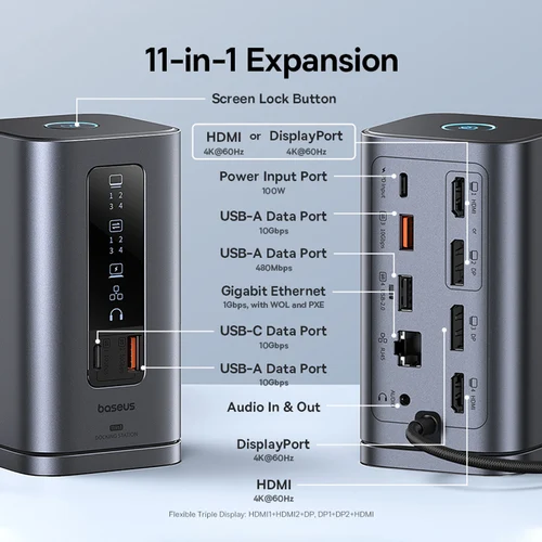 Imagen 2 del producto Baseus USB C Hub a DP 4K @ 60Hz HDMI DisplayPort 11-en-1 estación de acoplamiento Triple pantalla RJ45 PD 100W para ventana Mac USB 3,1 HUB