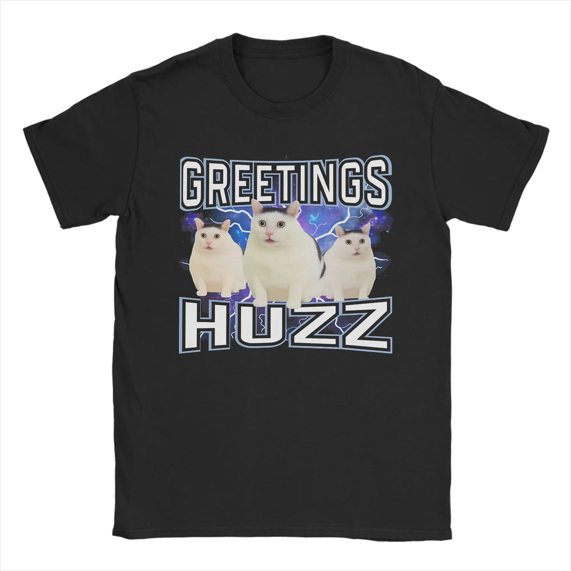 Oversized T-Shirt Greetings Huzz Funny Silly Cat Meme Fashion T-Shirts Cotton Tshirt for Men's Y2K Casual Short Sleeve Tops
