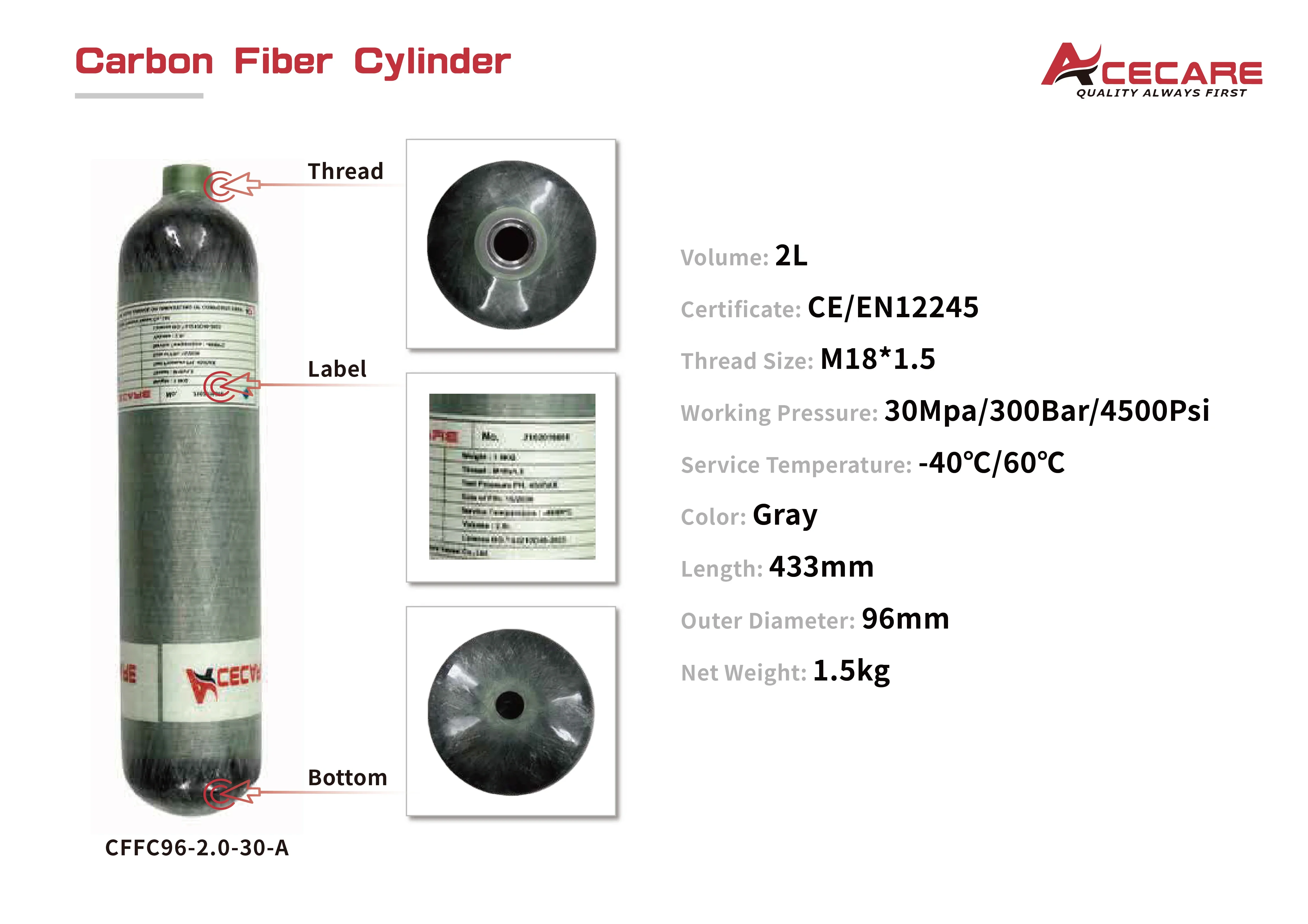 Acecare 미니 탄소 섬유 실린더, 조절 밸브 포함, 스쿠버 다이빙용 압축 공기 병, HPA 탱크, 2L, 4500Psi, 300Bar