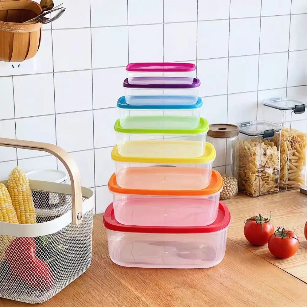 7Pcs Rectangular Food Storage Bowl Plastic Rainbow Freshing Box Food Preservation Rapid-Access Sealed Food Container Household