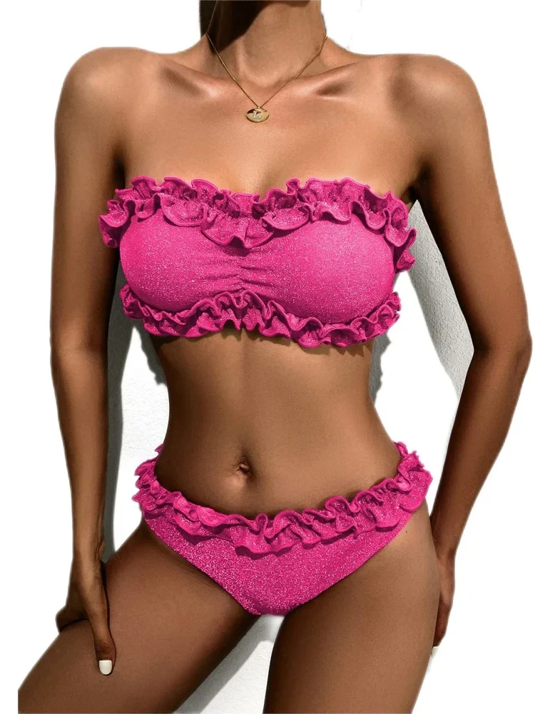 

Блестящий купальник из 2 предметов, женский купальник 2025 с кружевными рюшами и низкой талией, однотонный купальник-бандо без бретелек, летний пляжный купальный костюм