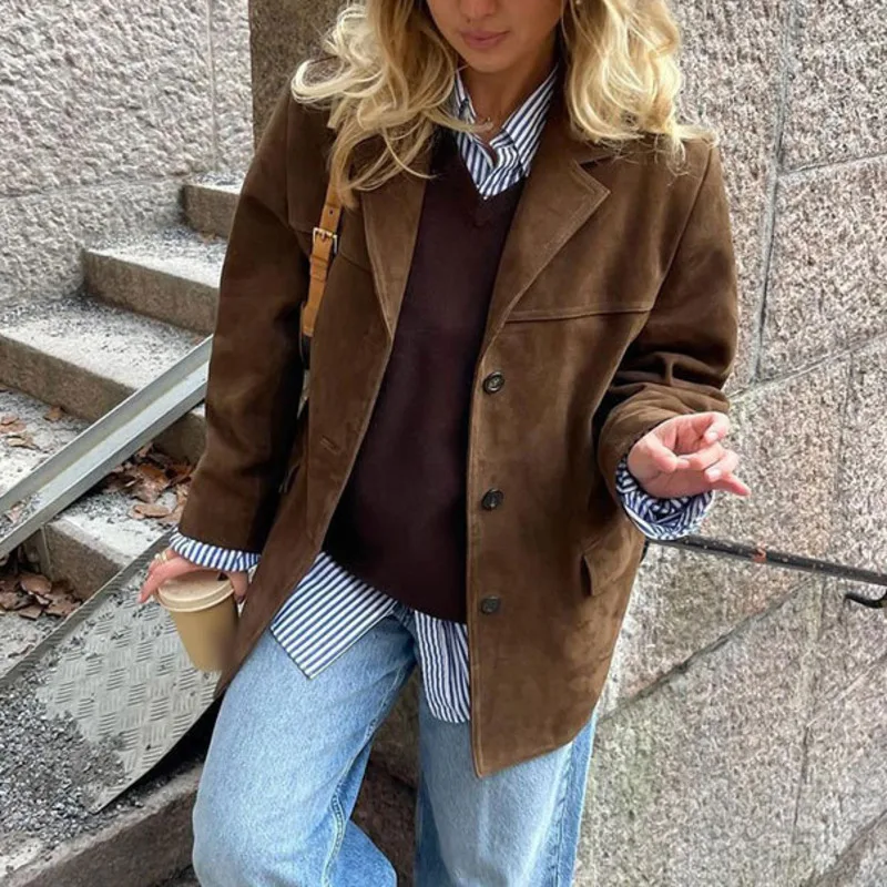 

Vintage Brown Loose Blazer Jacket Women Winter Autumn Suede Turn Down Collar Coat Temperament Versatile Long Sleeves Chic Coats