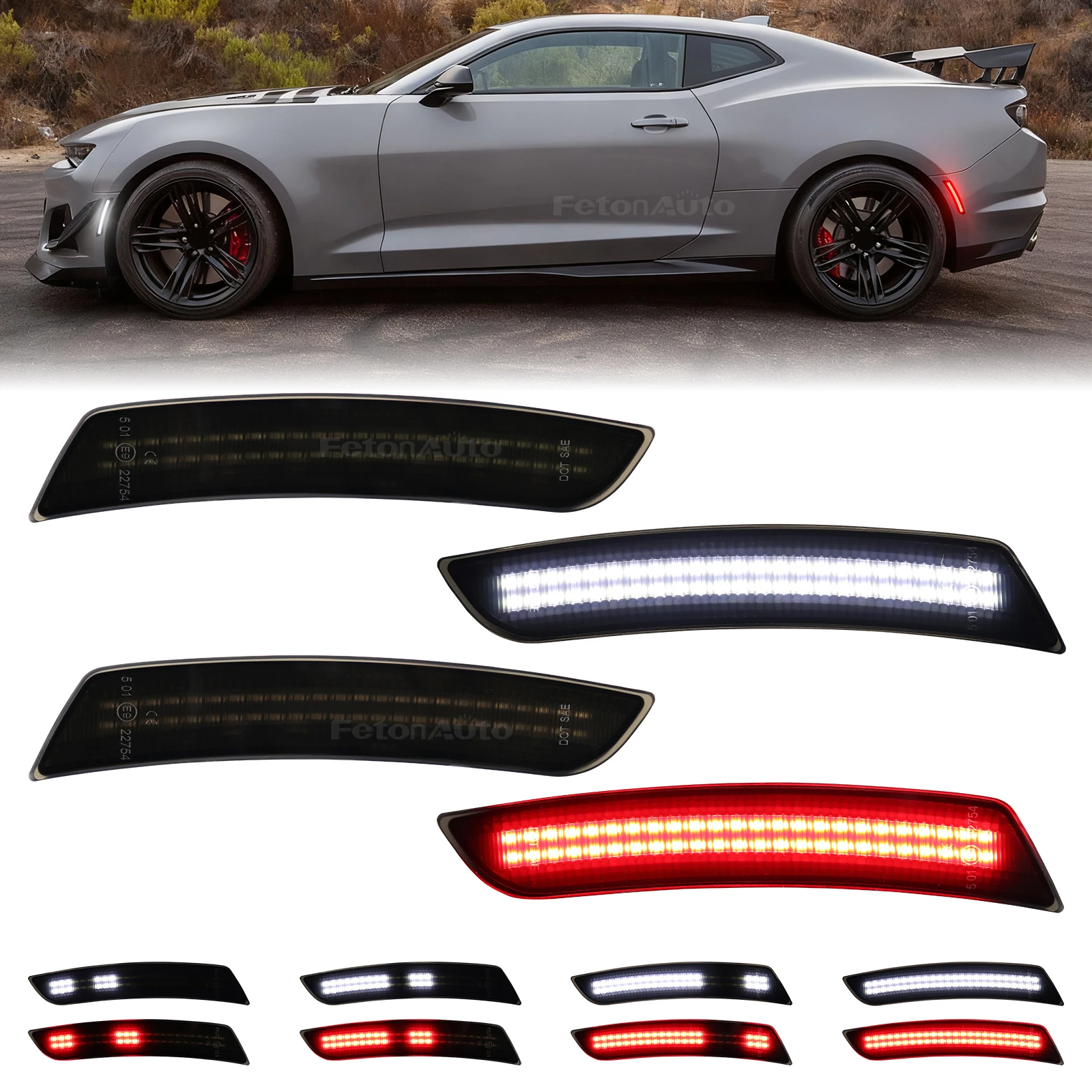 For Chevy Camaro 2016-2023 Smoked Lens Front Amber Rear Red Full LED Car Side Marker Light Kit Wheel Arch Lights 12V