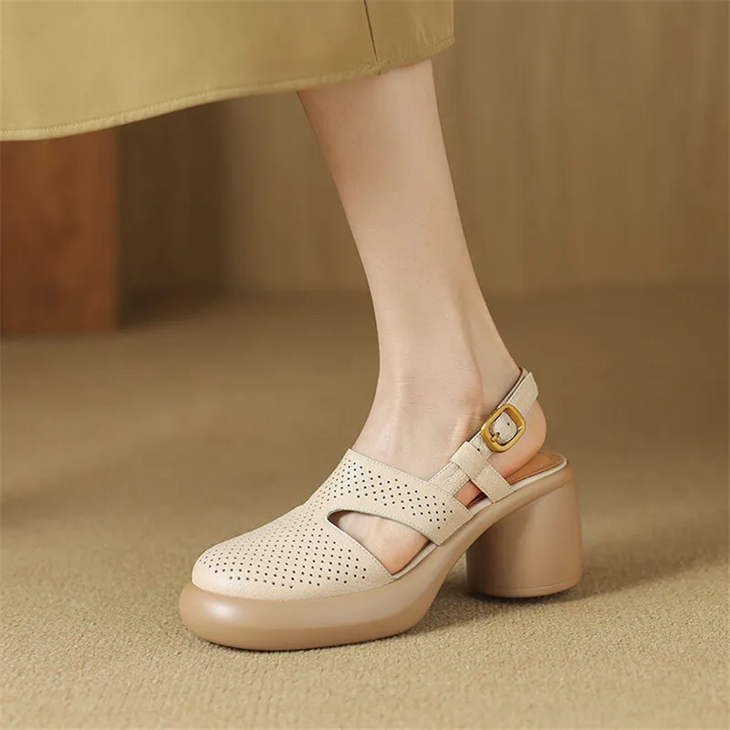 Sheepskin Summer Sandals Round Toe Hollow Out High Heel Sandals for Women Platform Sandals Zapatos Mujer Chunky Heel Shoes Green