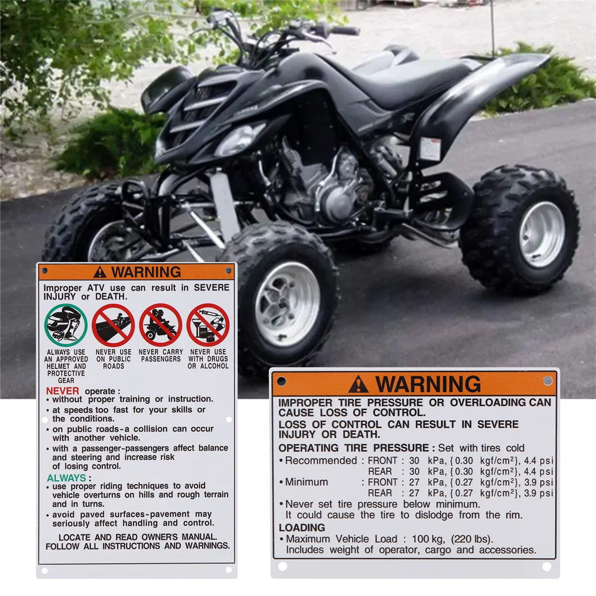 

For Yamaha Warning Decals Stickers Labels Aluminum Backed Raptor Blaster Banshee -AB16