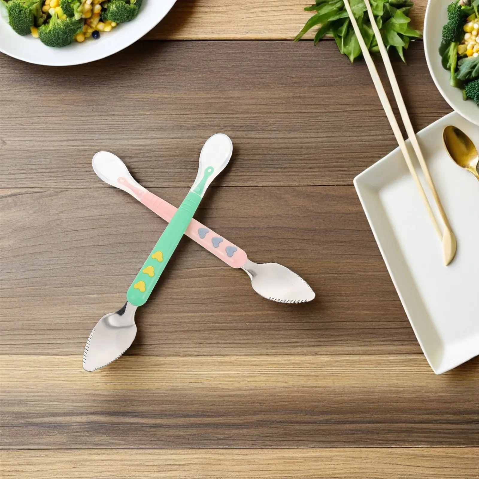 

Набор из 2 силиконовых ложек с двойной головкой для младенцев, мягкие приборы для прикорма, ложки для первого прикорма, незаменимые принадлежности для кормления малышей