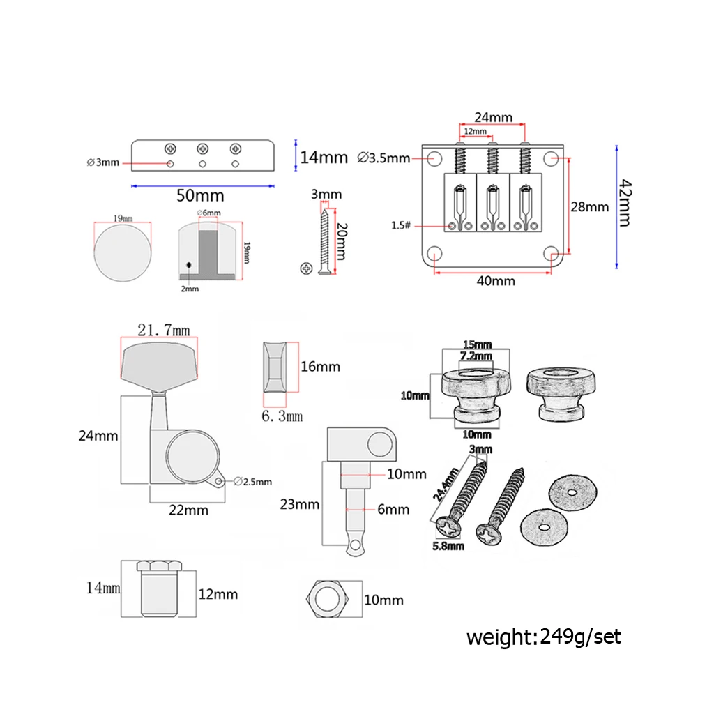 Musical Instrument Replacement Accessories Alloy 3 String Cigar Box Guitar Bridge W/ Tuning Pegs Knobs Strap Lock Set