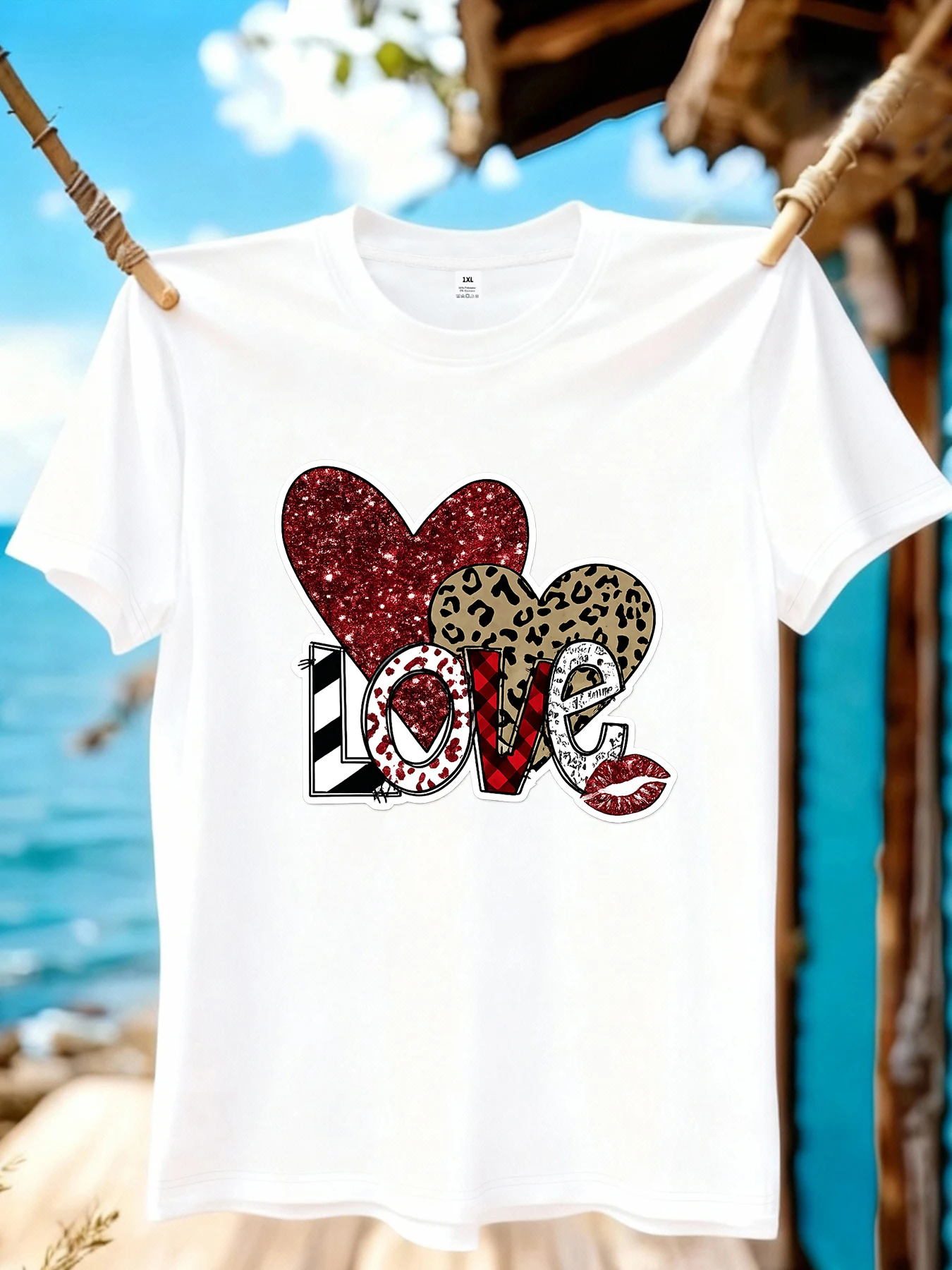 

【WZM1041194】Leopard print heart print plus size women's round neck summer casual short sleeved street fashion versatile T-shirt