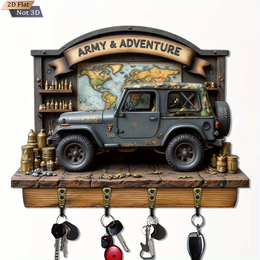 2D Flat, 1pc, Army Adventure Off-Road Vehicle Key Hanger, Wooden Multi-Purpose Home Key Hanger with Four Metal Hooks, Wall