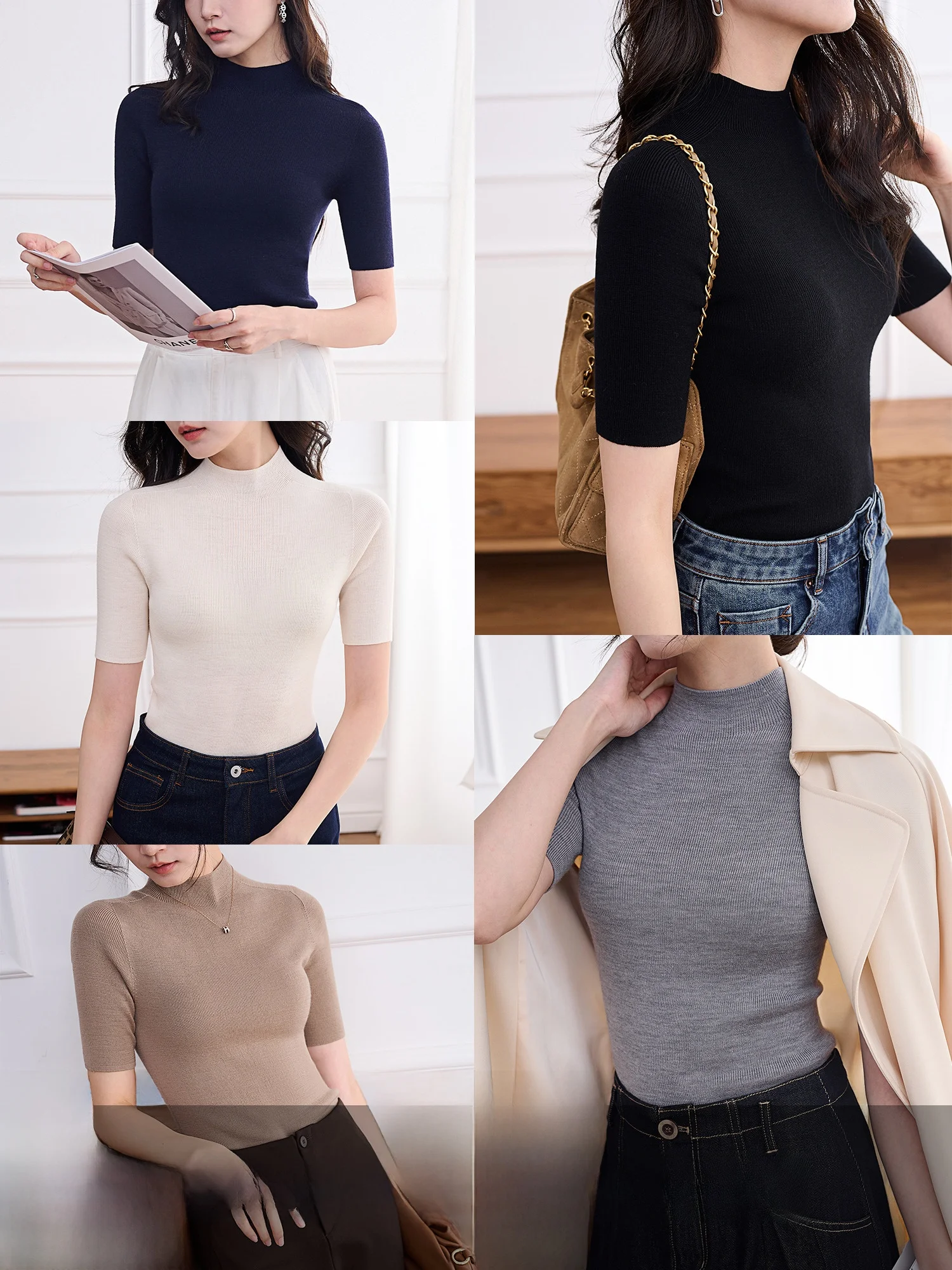 

Женская трикотажная футболка JPOO из чистой шерсти с высоким воротником и рукавом три четверти, 6-игольная вязка, для повседневной носки