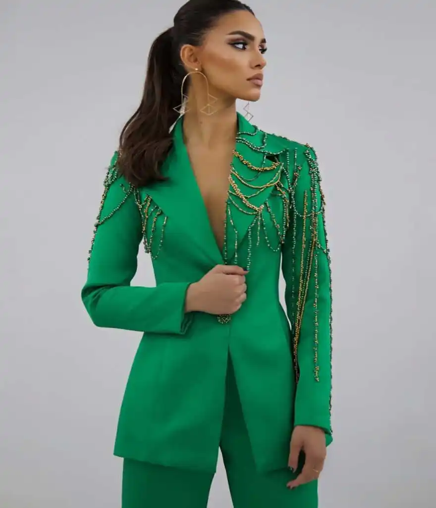 Chic Women 2‑Piece Pants Suit Beaded Tassel Chain Notched Lapel Blazer Straight Trousers For Evening Party Banquet Customized