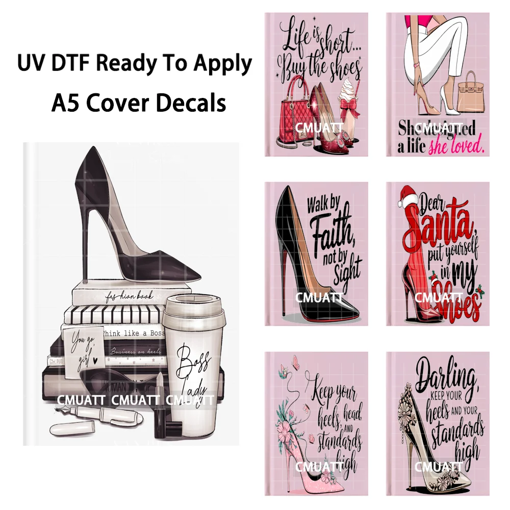 

Наклейки-декали для обложки блокнота A5 с УФ-печатью DTF: «Кофе, любитель кофе, сильная женщина, каблуки». Готовые к нанесению, прочные, для переноса изображений.