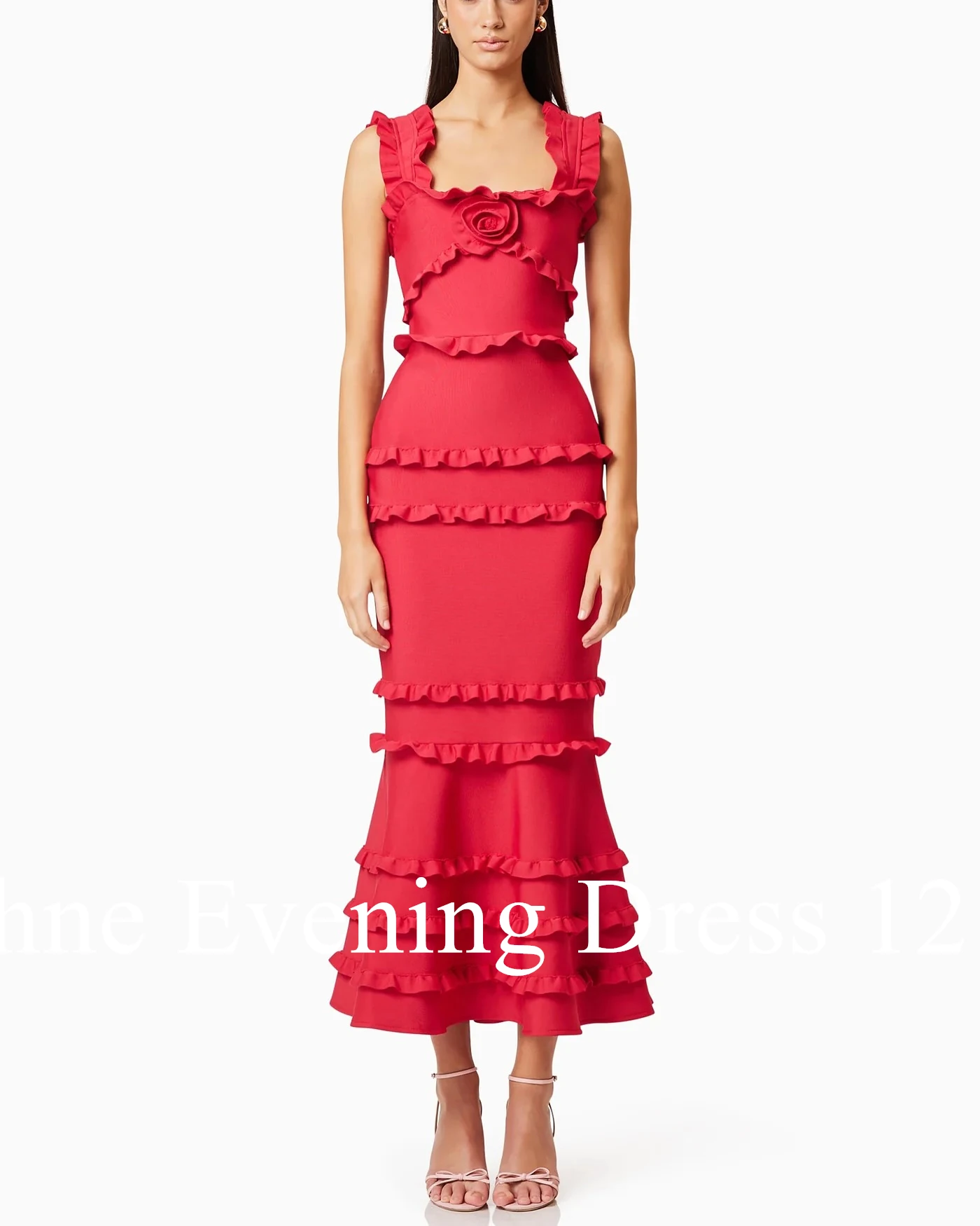 Customized Graceful Mermaid Square Collar Spaghetti Straps Ruffles Flowers Evening Dress Modern Satin Pleats Vestido De Festa