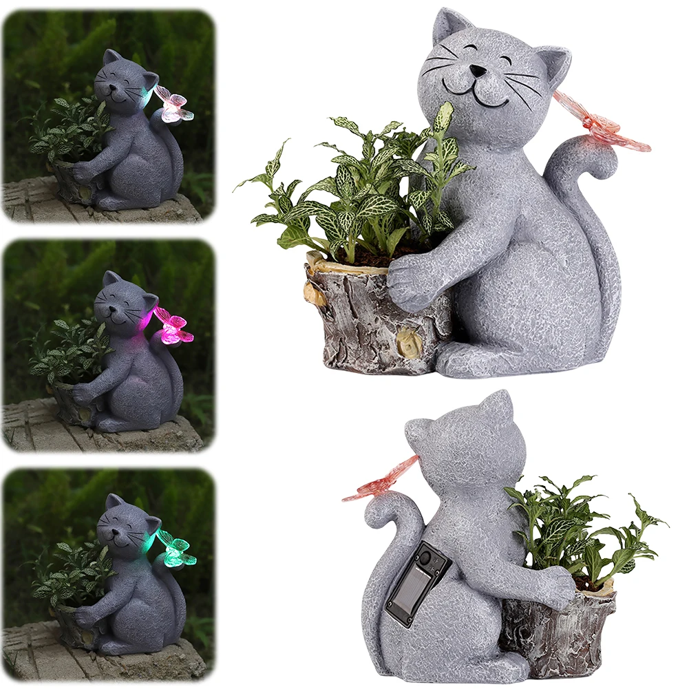 Solar Powered Cat Artwork Flower Pot Creative Cat Butterfly Planter Statue with Light Desktop Cat Flowerpot Courtyard Ornament
