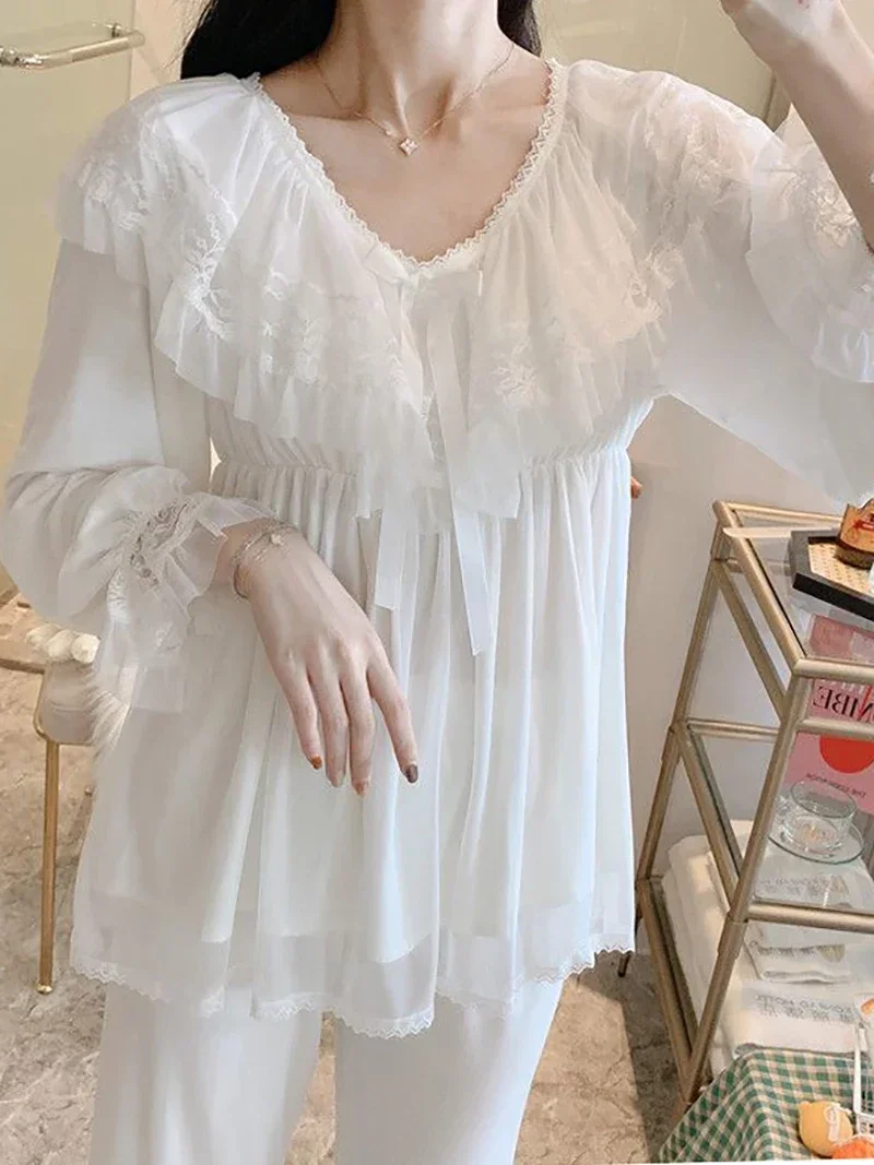 Women Fairy Ruffles Modal Lace Victorian Pajamas Loungewear Two Piece Pantsuits Lolita Vintage Princess Nightgowns Sleepwear