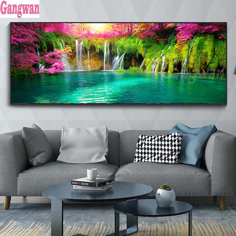 

large beautiful natural scenery diamond painting cross stitch waterfall pink tree full mosaic diamond embroidery 5D handmade art