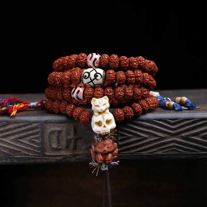108 Bodhi Seed Buddhist Prayer Beads, Five-Petal Double Ridge Jade-Inlaid Agate Accessories