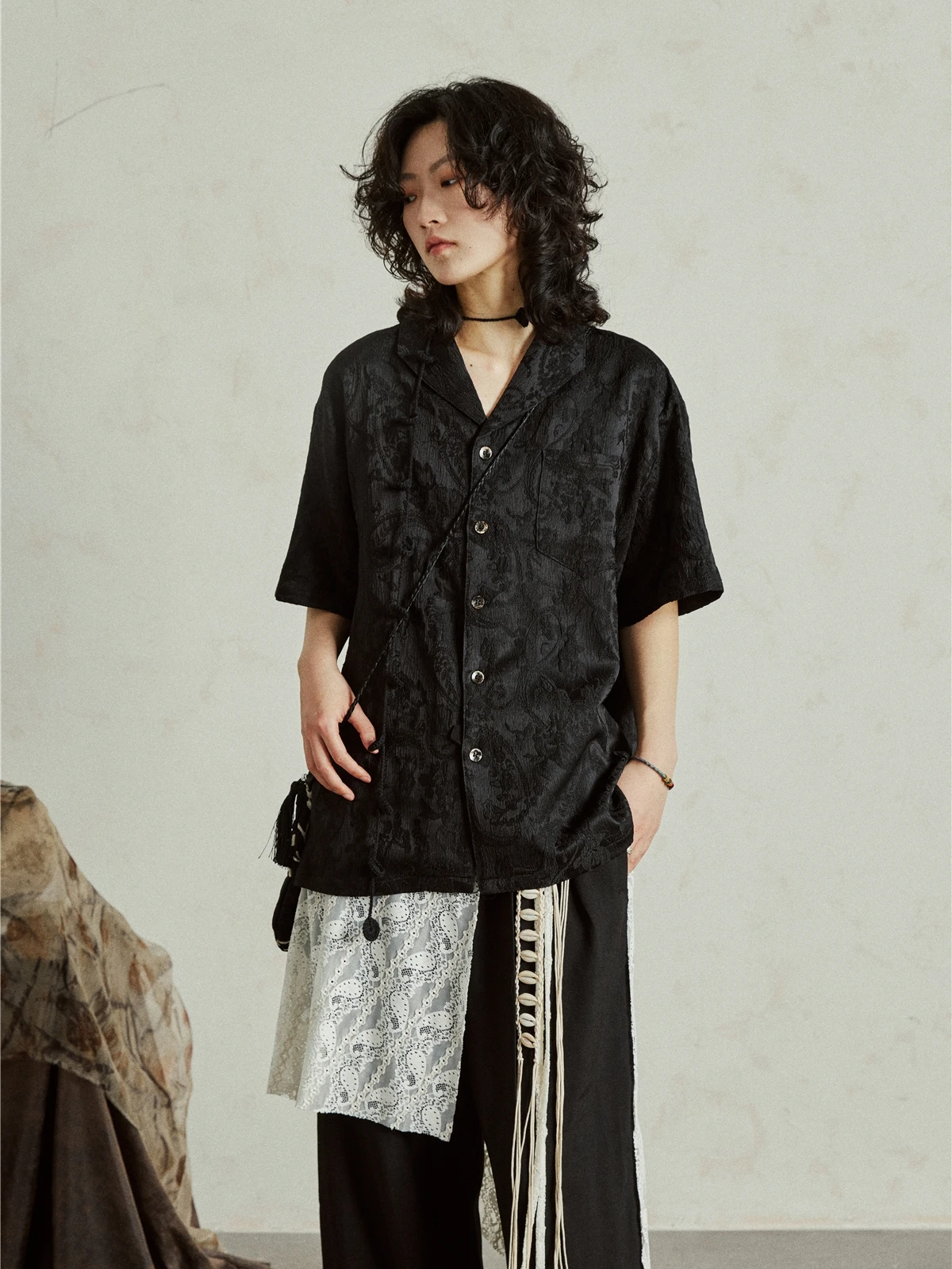 

Sunvonnie Short Sleeve Embroidered Casual Shirt Vintage Relief Texture Loose Fit Versatile Cotton Polyester Blend Summer Shirt