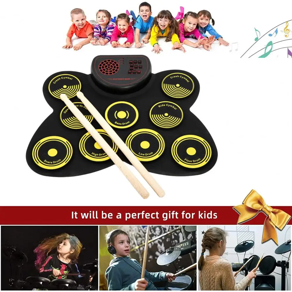 

Electronic Drum Set with Drum Sticks Pedals Rechargeable Roll-up Drum Kit Machine Practice Pad Kids Instrument Toy