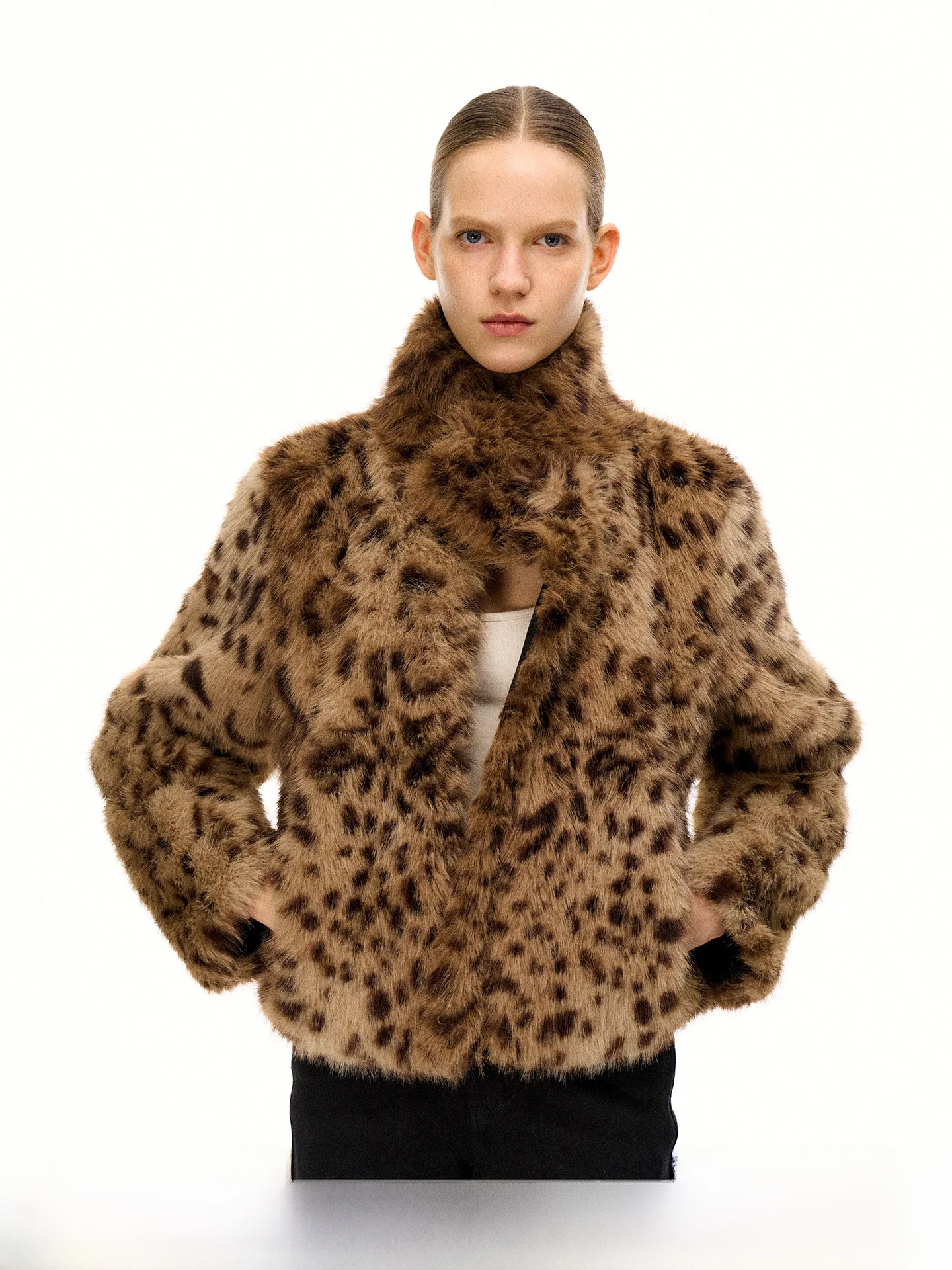 

Двусторонняя роскошная приталенная шуба из экологичного меха с леопардовым принтом до плеч для молодежи, модная зимняя верхняя одежда