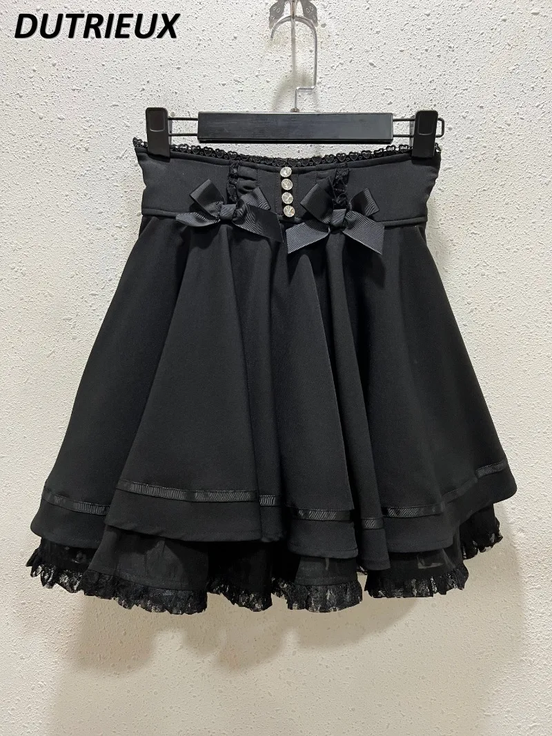 

Japanese Mine Mass-Produced Sweet Cute Girls Rhinestone Short Skirt Lace Bow Slimming High Waist A-line Skirt Faldas Mujer