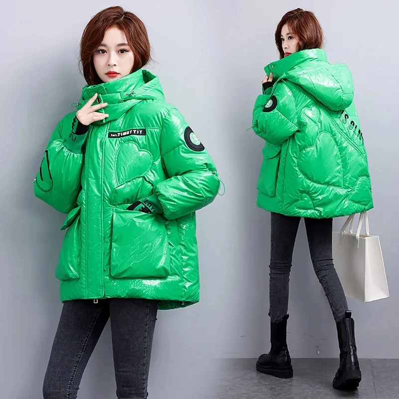 Womens Loose Print Padded Down Jacket Cotton Coat Bright Wash Free Thicken Parkas Female Outerwear New Winter Jackets