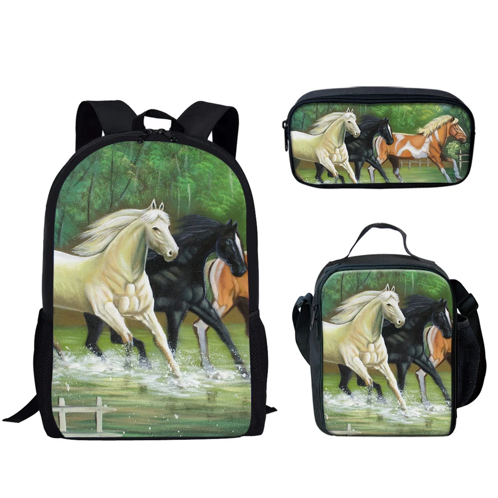 Trendy Popular New Black White Horse 3D Print 3pcs/Set Student School Bags Laptop Daypack Backpack Lunch bag Pencil Case