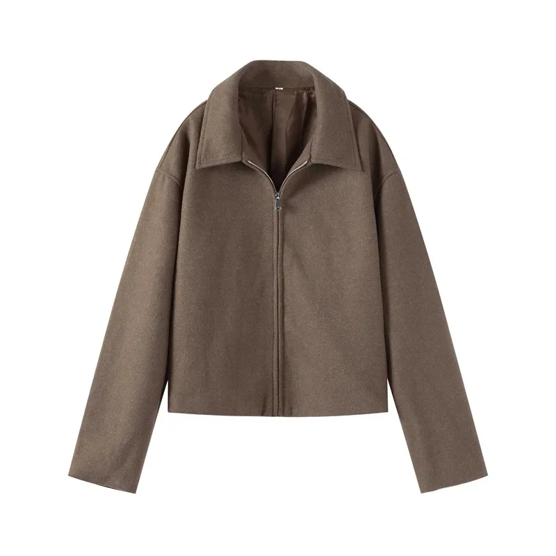 

Женская винтажная осенняя женская уличная верхняя одежда, модная коричневая шерстяная куртка на молнии для женщин, элегантные короткие пальто с лацканами и длинными рукавами