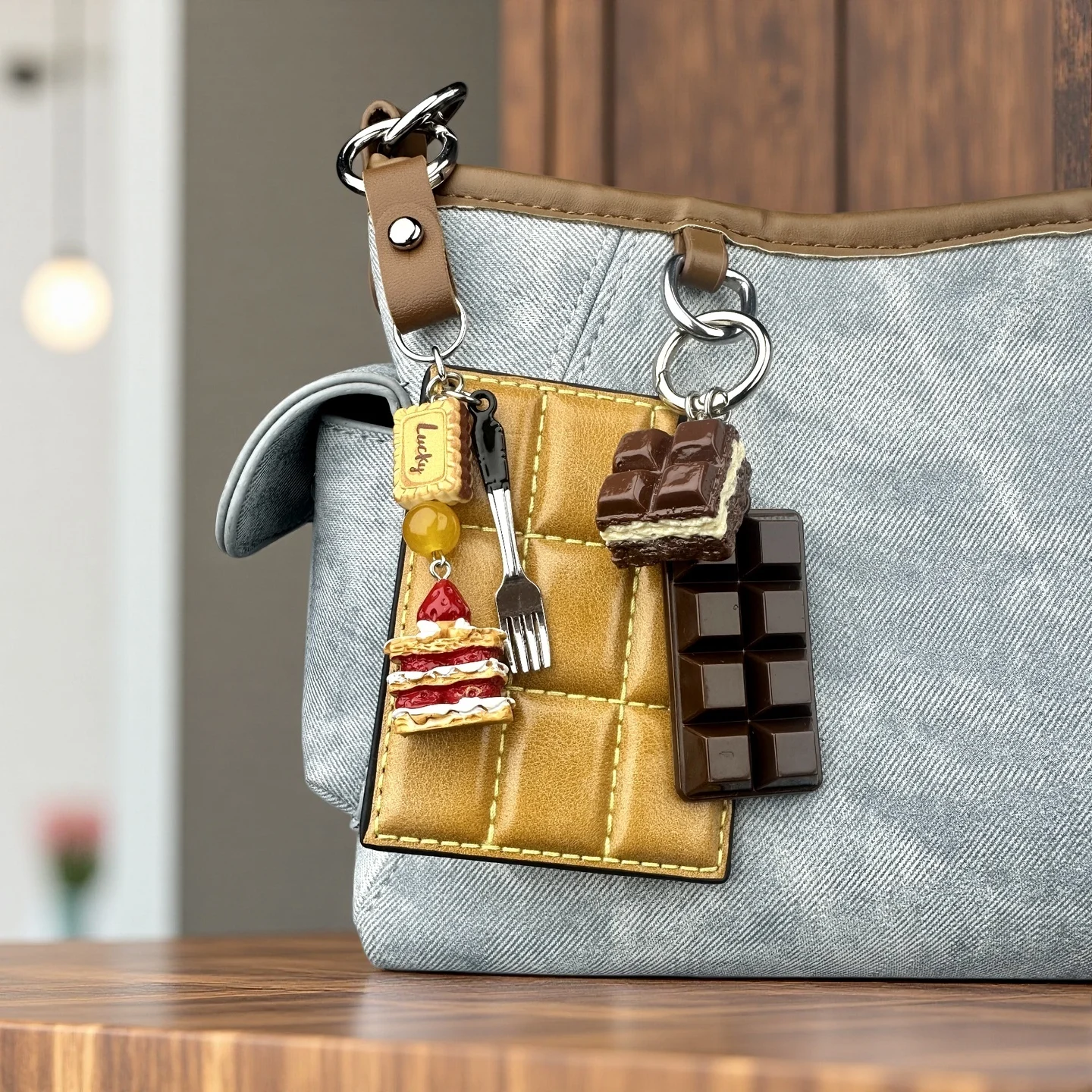 Realistic Chocolate Dessert Keychain Set – Cute Food-Themed Bag Charms, PU Leather & Resin Chocolate Bar, Ice Cream-Sweet Gift