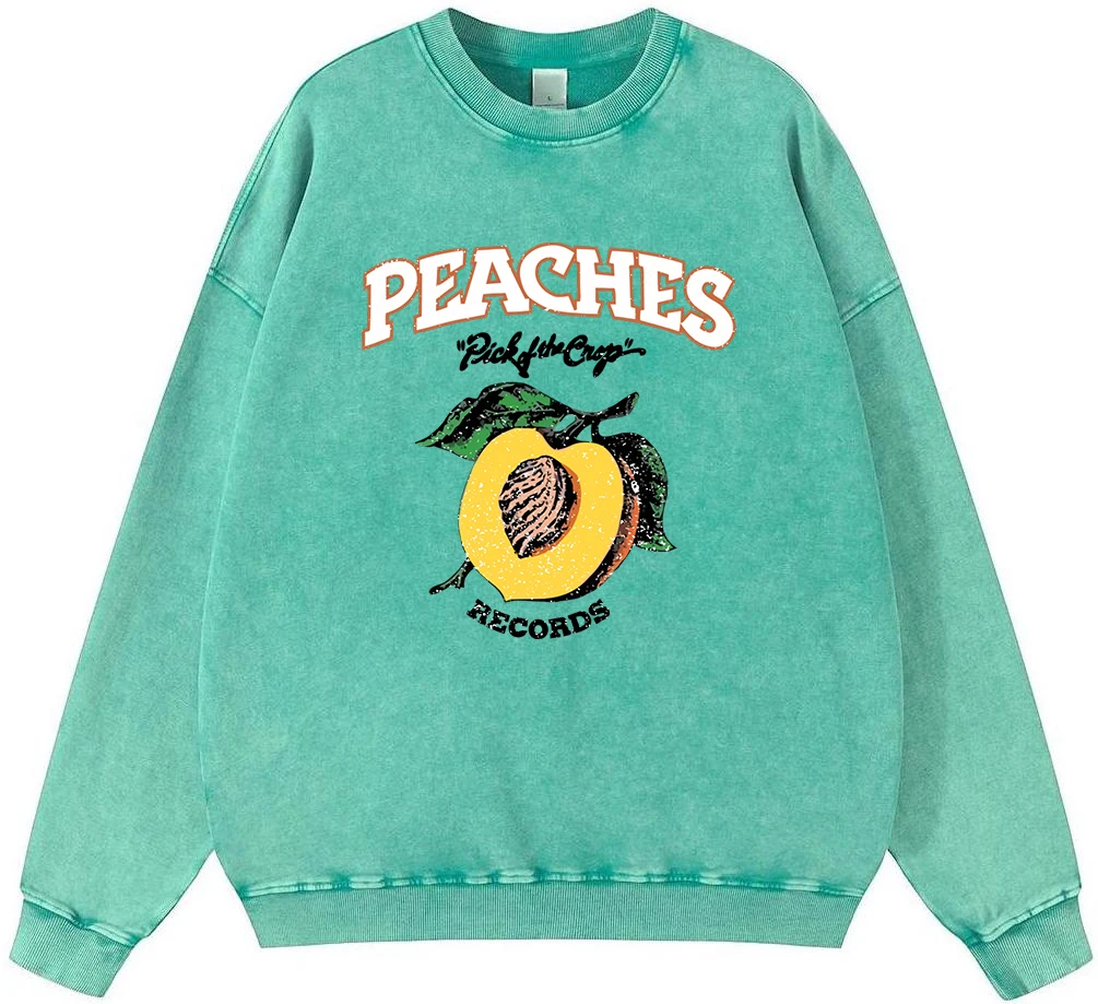 

Peaches Records Men Vintage Washed Cotton Sweatshirt Simple Casual Pullover Autumn Warm Loose Hipster Fleece