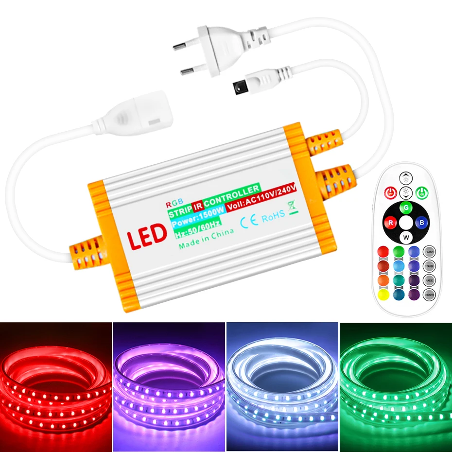 조도 조절 IP68 방수 컨트롤러, SMD5050 2835 RGB LED 스트립 LED 네온 램프용 24 키 IR 리모컨 포함, 1500W, 110V, 220V