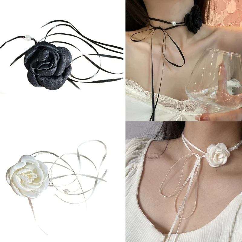 Super Fairy Neckchain Retro Rose Flower Lace Up Necklace Pearls Choker Necklace Floral Charm Clavicular Chain Female