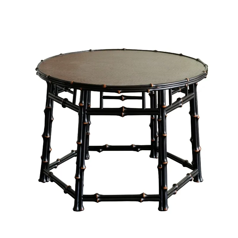 New Chinese style bamboo antique round coffee table, bamboo fine noodles household balcony tea table, drum stool set