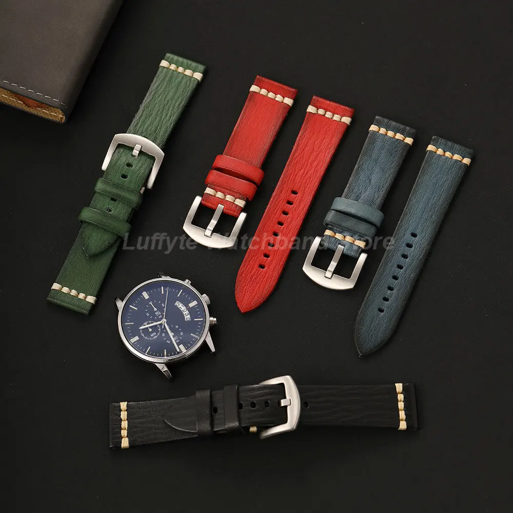 Handgefertigtes Uhrenarmband aus Rindsleder im Vintage-Stil für Herren, 18, 20, 22, 24 mm, Schwarz, Braun, Blau, Echtleder-Uhrenarmband
