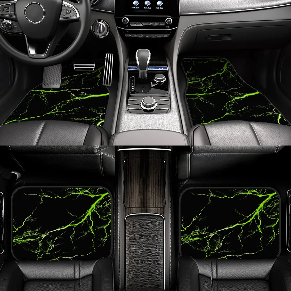 4pcs Green Lightning Pattern Car Floor Mats Set- Fits Cars/Trucks/SUVs, Easy-to-Clean, All-Season Use, Elegant Interior Accessor