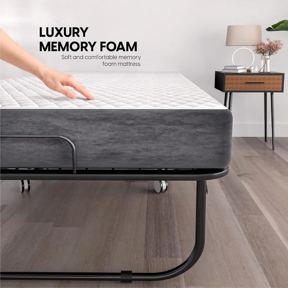 Folding Bed with Mattress -75x38 Twin Size Bed Frame - Portable Foldable Roll Away Adult Bed for Guest -5-inch Thick,Memory Foam