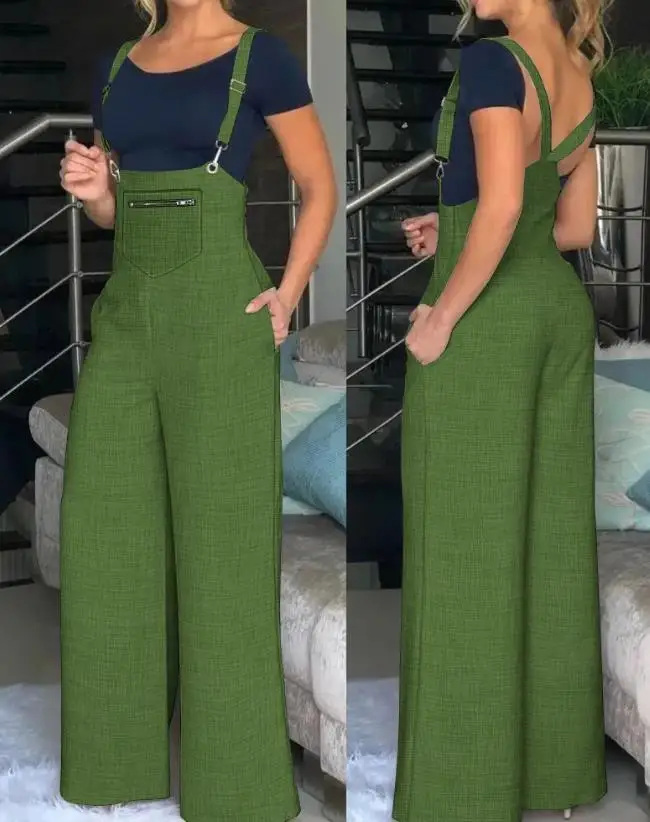 2024 Dames Lente/Zomer Broek Effen Kleur Eenvoudig Werk Pak Veelzijdige Zak Ontwerp Wijde Pijpen Sling Jumpsuit