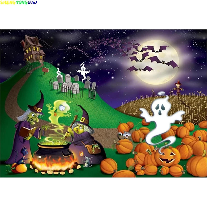 SHENGYONGBAO-Cenário De Halloween, Castelo De Lápide, Lua De Abóbora, Fundo De Fotografia Para Bebê, Photo Studio Props, 1911CXZM-55