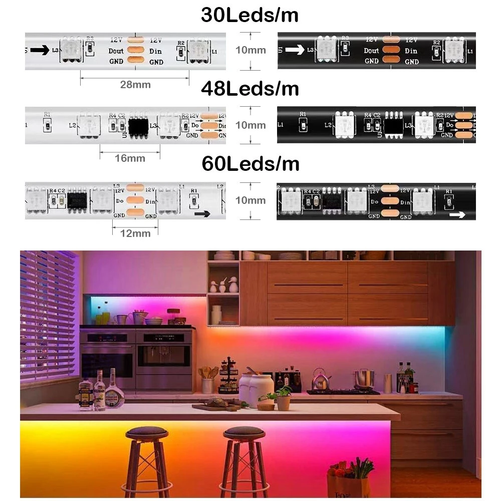 Imagem -02 - Rgb Led Strip Individualmente Endereçável ic Controle 3leds 30 48 60leds m Brilhante Normal Luzes Led Dc12v Ws2811 5050