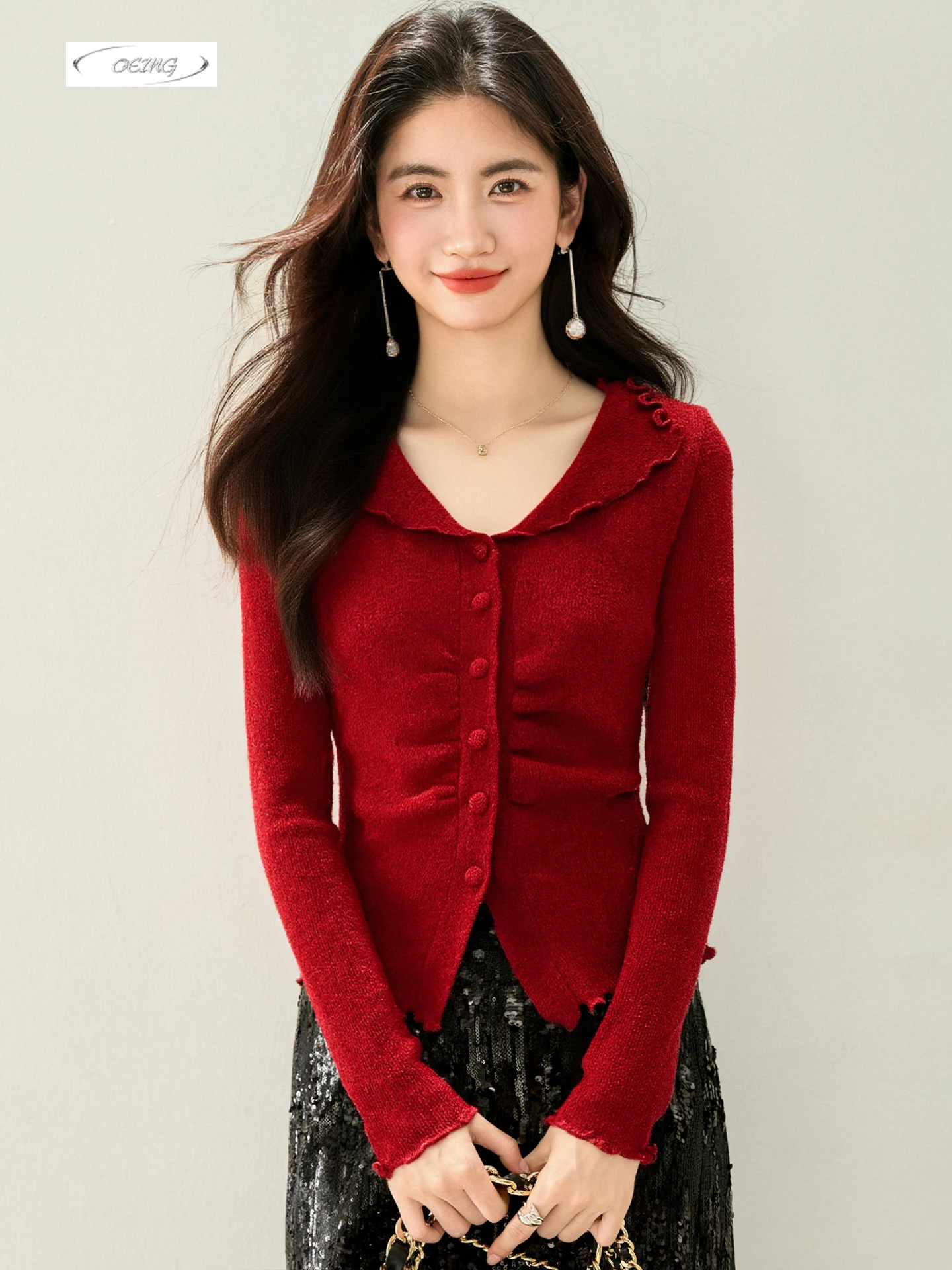 

Женская мода, красная милая вязаная рубашка, свитер, кардиган, осень-зима, элегантный тонкий топ с отложным воротником и длинными рукавами, трикотаж 9710