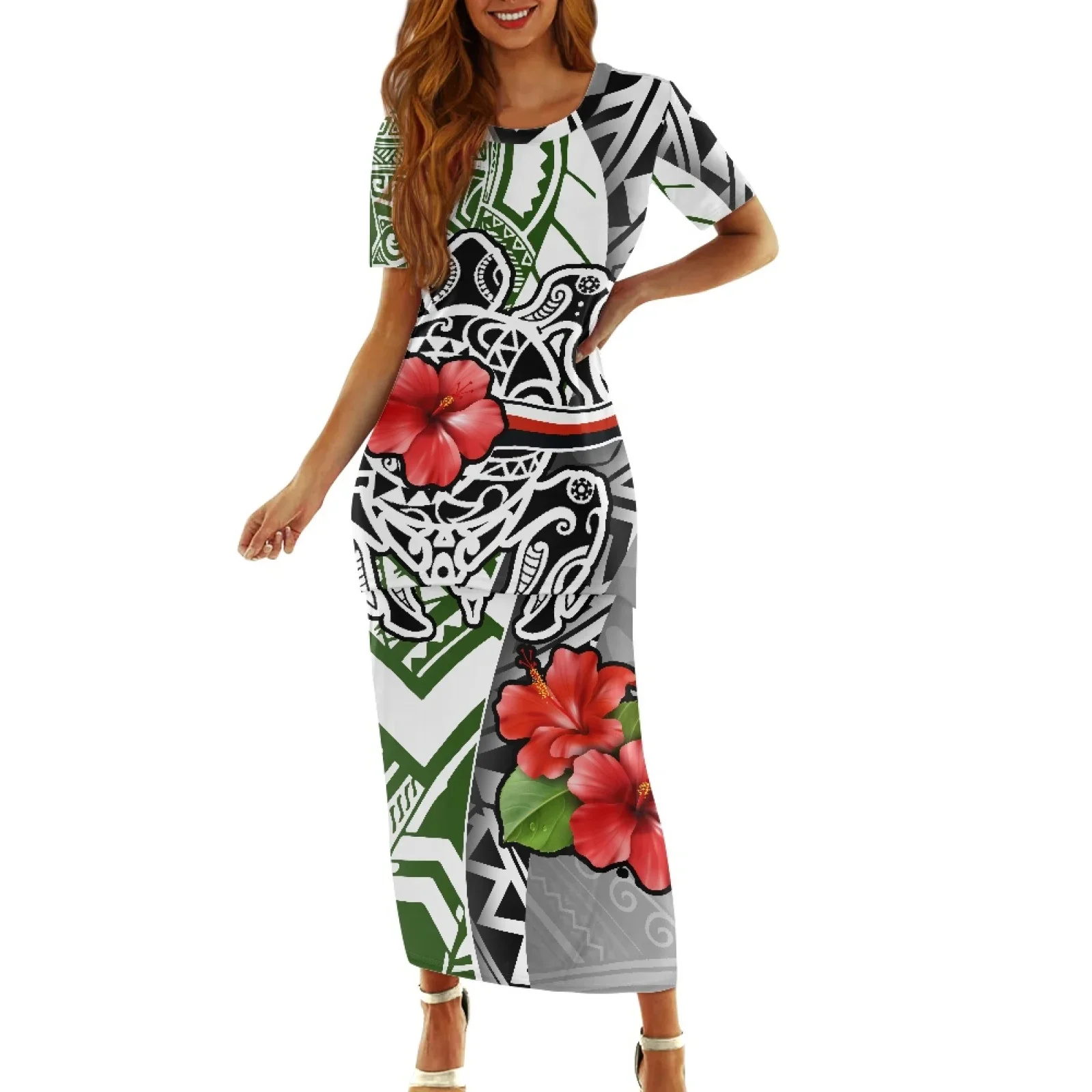 Polynesian Tribal Samoan Totem Tattoo Samoa Prints Elegance Casual Slim Short Sleeve O Neck Dancing Party Dress, Two Pieces Set