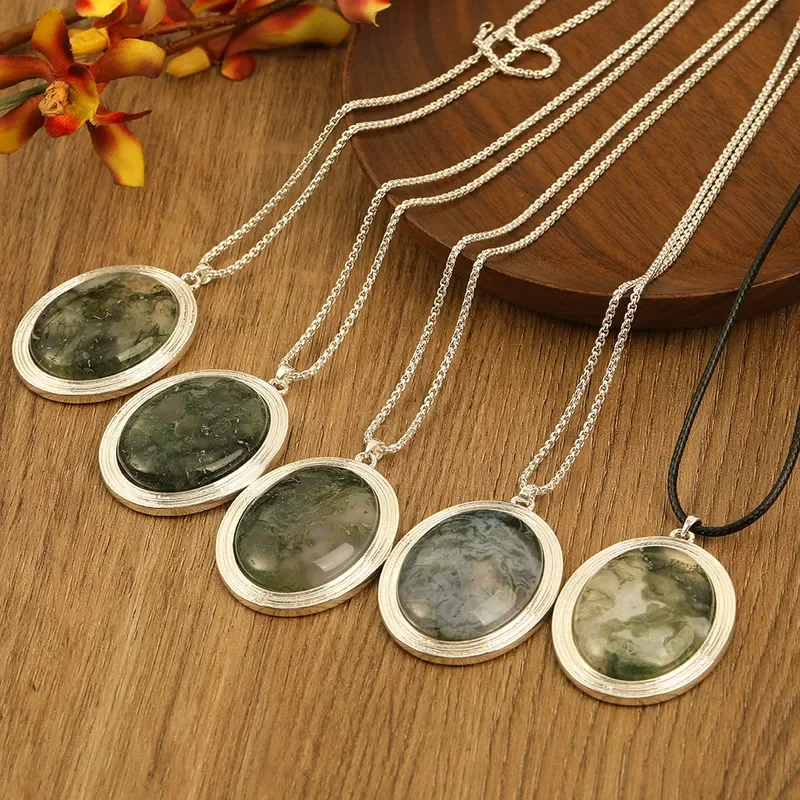 Natural stone pendant oil painting texture beautiful texture inlaid necklace green small fresh style double chain necklace