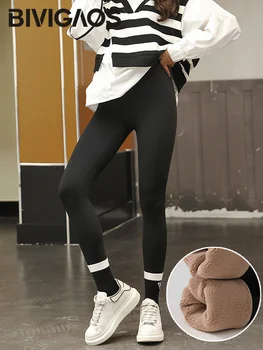 מכנסיים חורפיים עבים לנשים מבית BIVIGAOS, עשויים מבלוטות קטיפה שחורות עם מותן גבוה, צמודים וחמימים