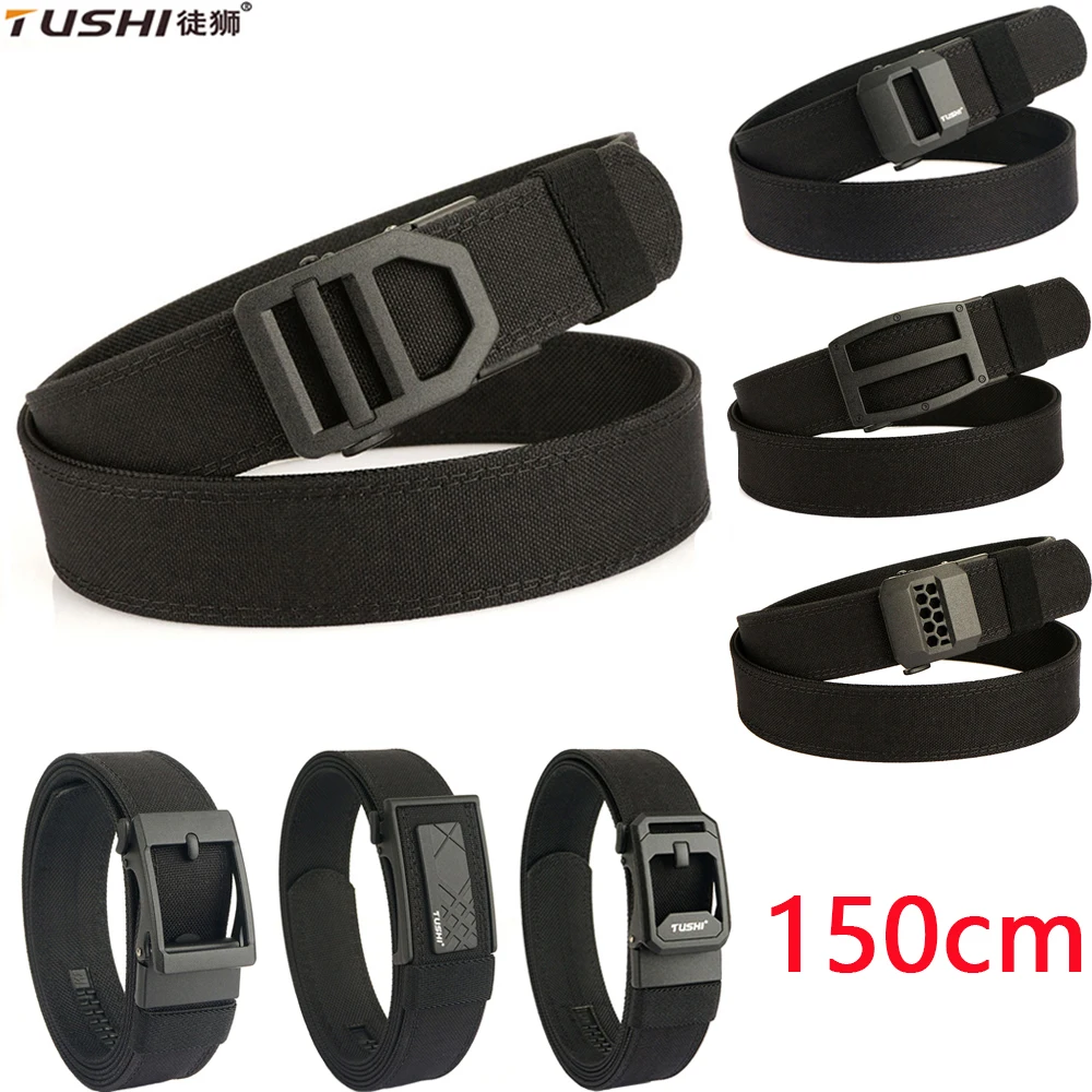 TUSHI Metal Automatic Buckle Hard Military Tactical Belt Thick Canvas Webbing Male Belts Outdoor 150cm IPSC Shooting Waistband