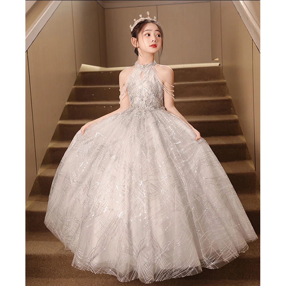 3-9T Girl‘s Princess Dress Shinning Light Luxury Halter Beading Off Shoulder Tassels Prom Gown Children's Performance Dresses