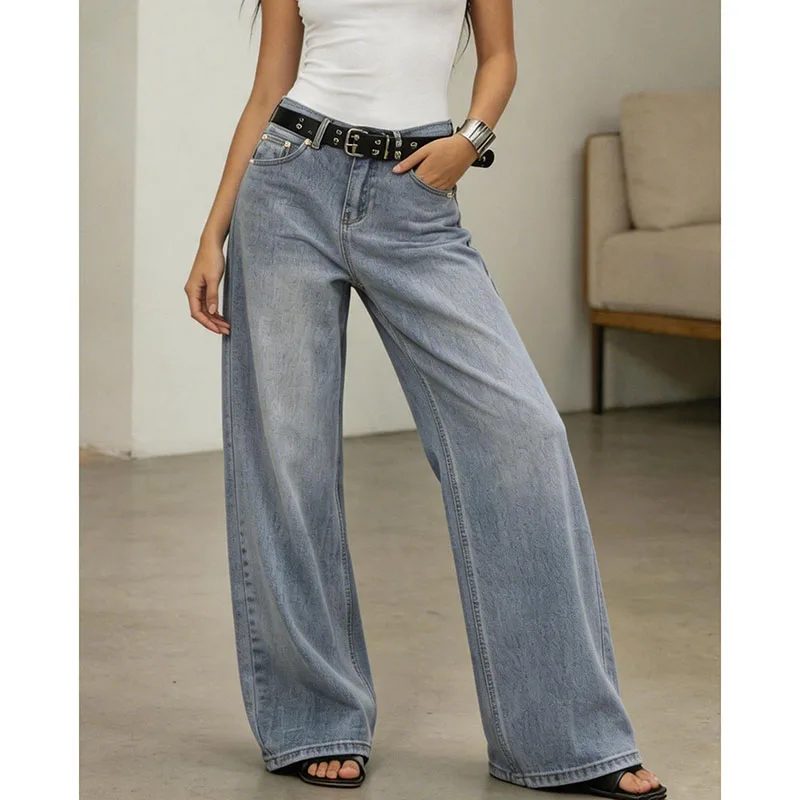 Women Blue High Waist Wide Leg Jeans Hot Sale Lady Comfortable Loose Fit Thin Pants Girls Ins Fashion Vintage Denim Trousers