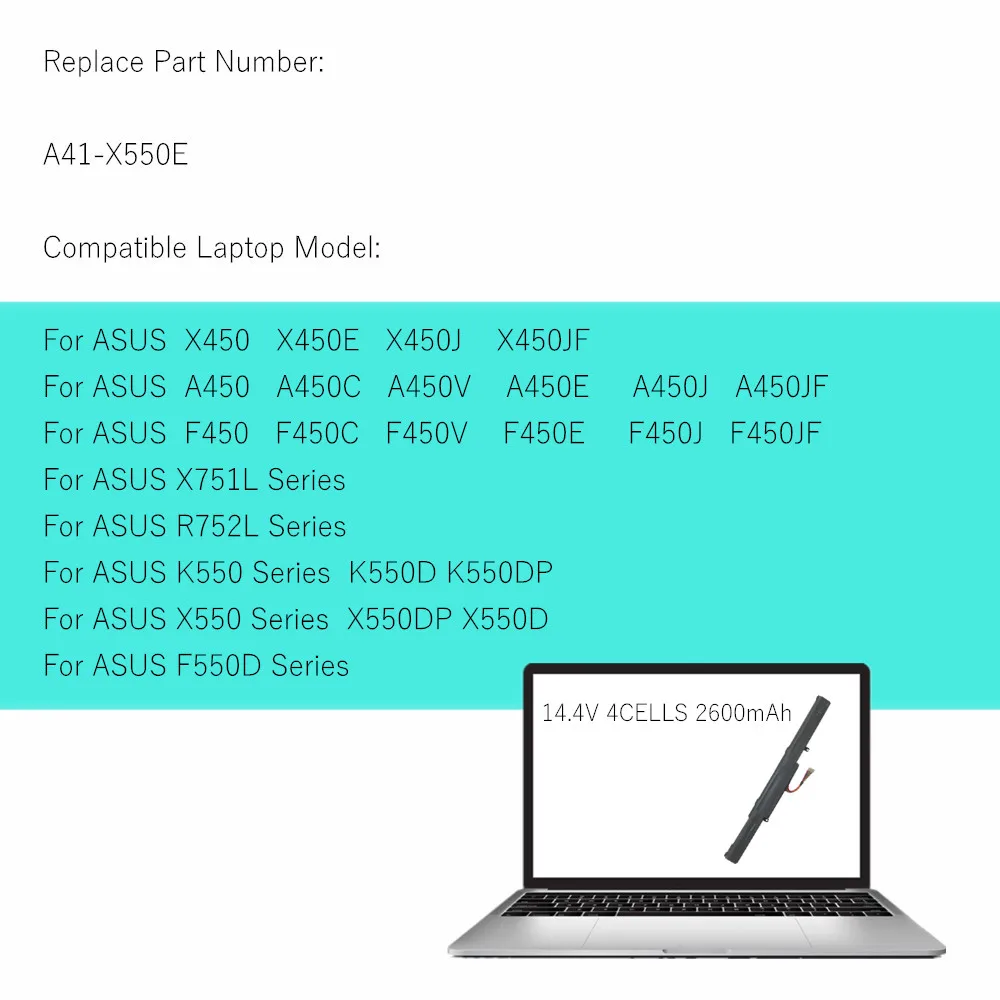 Laptop Battery A41-X550E For Asus A450V K550E X750J A550D K751L X751L F450 P750LB X751MA F450C R752L X751MD F450E R752MA X751MJ