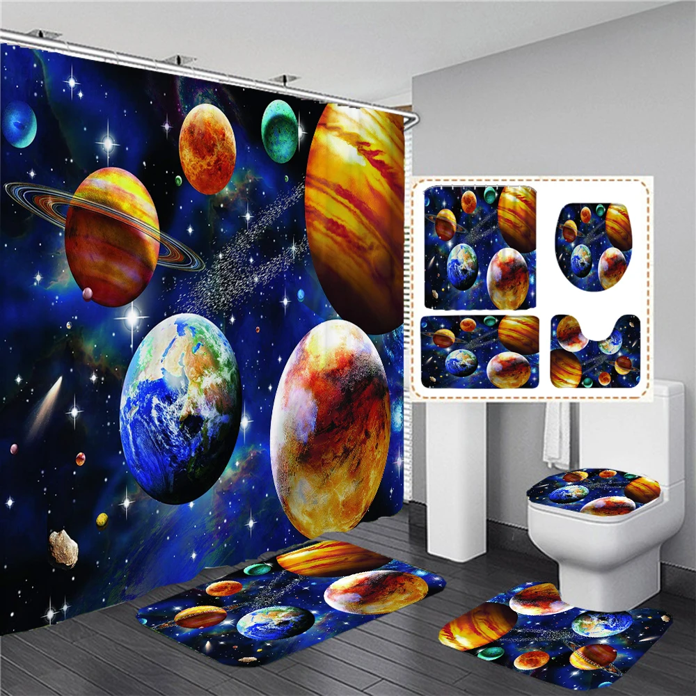 Waterproof Bathroom Shower Curtain Starlit Sky Moon Bath Curtain Set Toilet Cover Non-Slip Mat Rug Carpet Home Decor Accessories