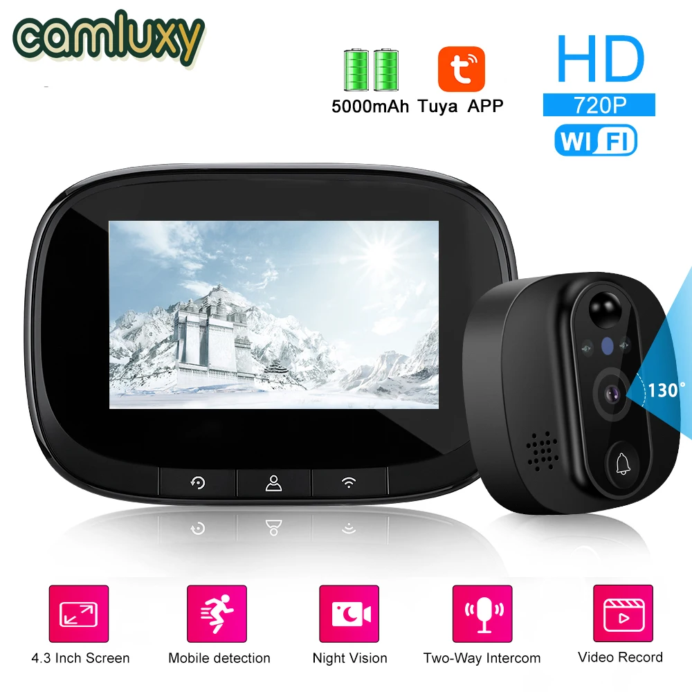 

Camluxy 4.3 Inch Tuya 2.4G WiFi Video Peephole Doorbell Camera Night PIR Motion Cat Eye Digital Door Viewer 5000mAh Battery