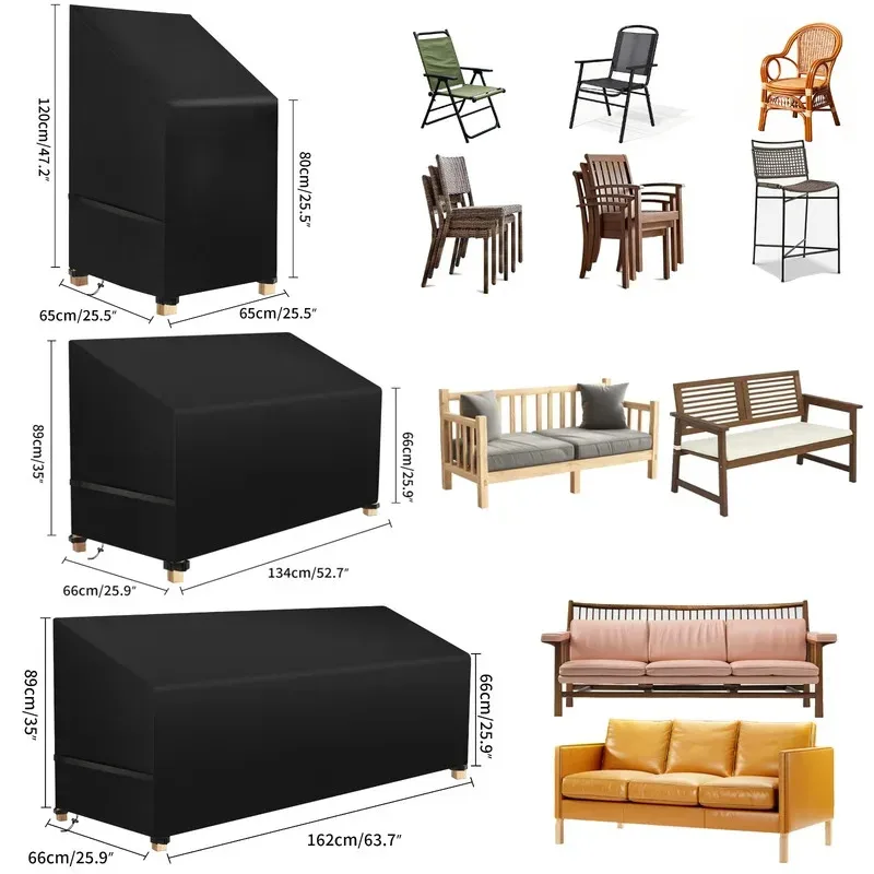 Penutup Furnitur Luar Ruangan Anti Air Warna Hitam, Perlindungan Segala Cuaca untuk Kursi Tumpuk, Bangku Teras, Tempat Duduk Taman & Sofa